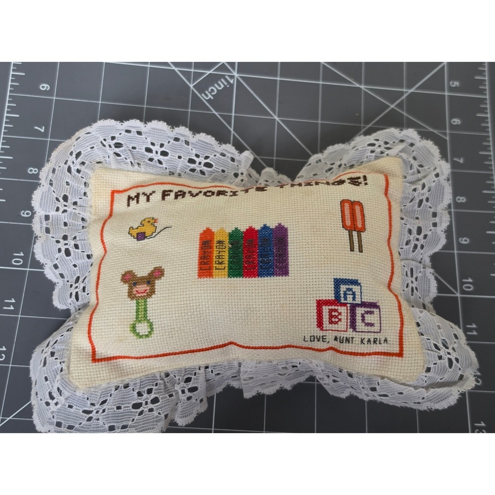 Vintage Handmade Cross Stitch Musical Pillow My Favorite Things Lace Nursery